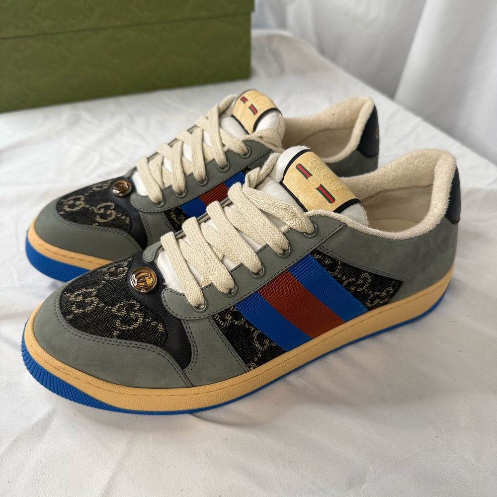 Gucci Screener Sneakers Fabric with Blue and Red Stripes NWOT